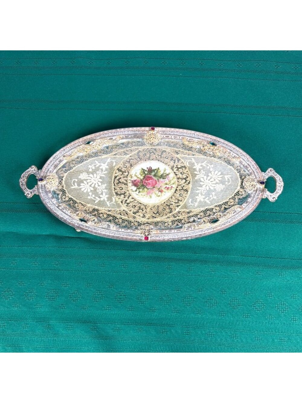 Antique 1920s Silvercraft NY Jeweled 6 Gems Vanity Tray Normandy Lace Heirloom